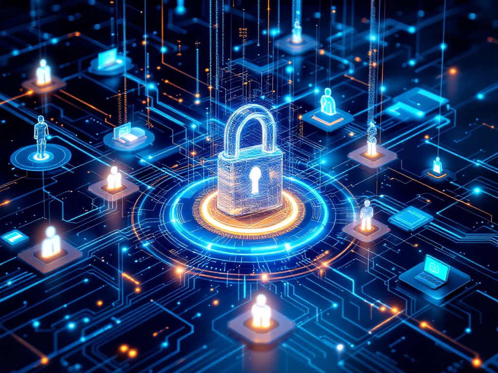 Digital network featuring a padlock and various security icons, symbolizing cyber security concepts and protection.