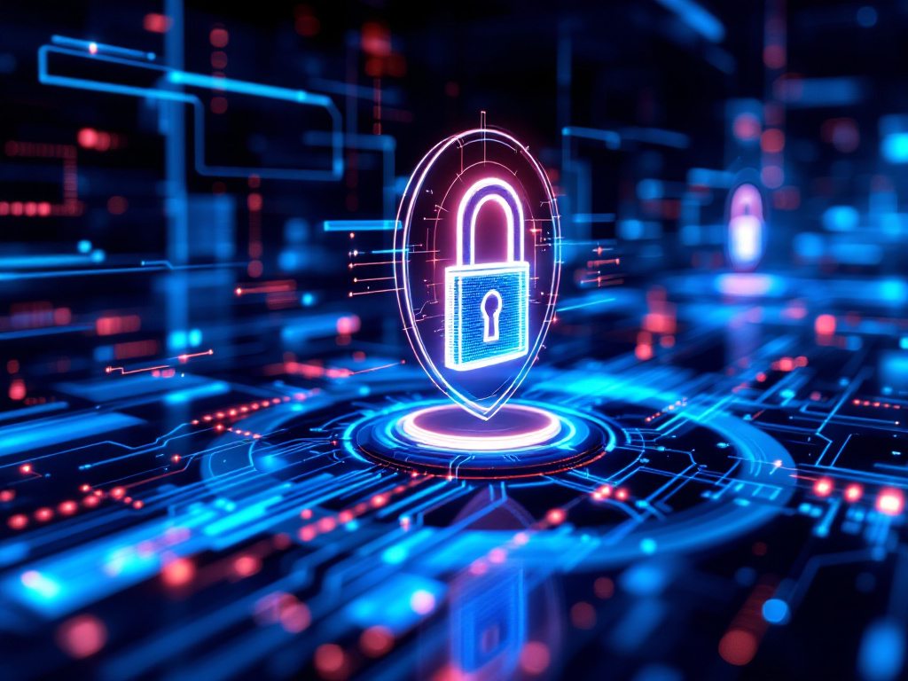 A digital lock icon set against a futuristic, abstract background, symbolizing advanced security technology.