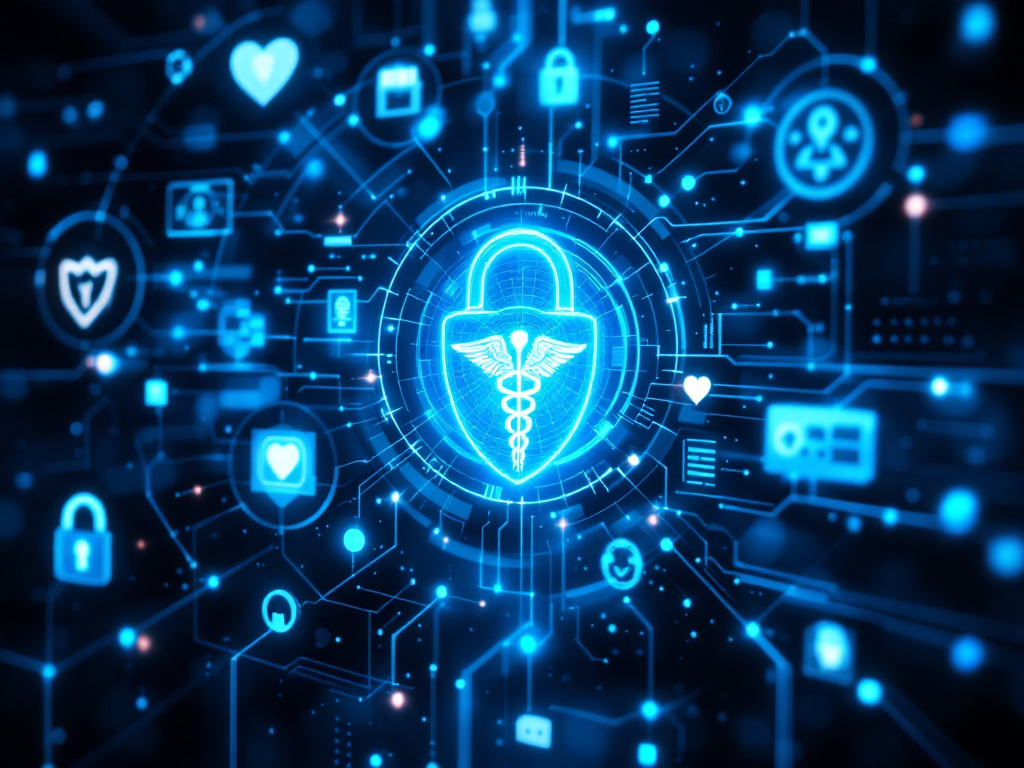Image illustrating strategies for healthcare data protection against cyberattacks, featuring secure networks and encryption methods.