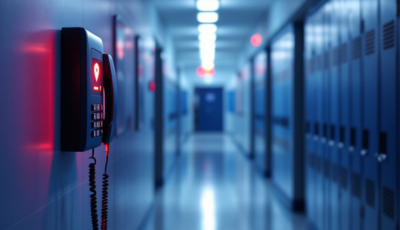 A campus hallway featuring a wall-mounted 911 emergency phone for safety and quick access to help.