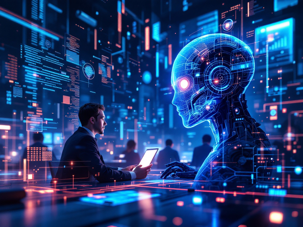 Businessman using a tablet opposes a glowing futuristic humanoid robot with digital data overlay in a high-tech environment.