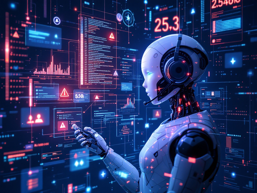 Futuristic humanoid robot with headset interacting with floating digital data interfaces and graphs.