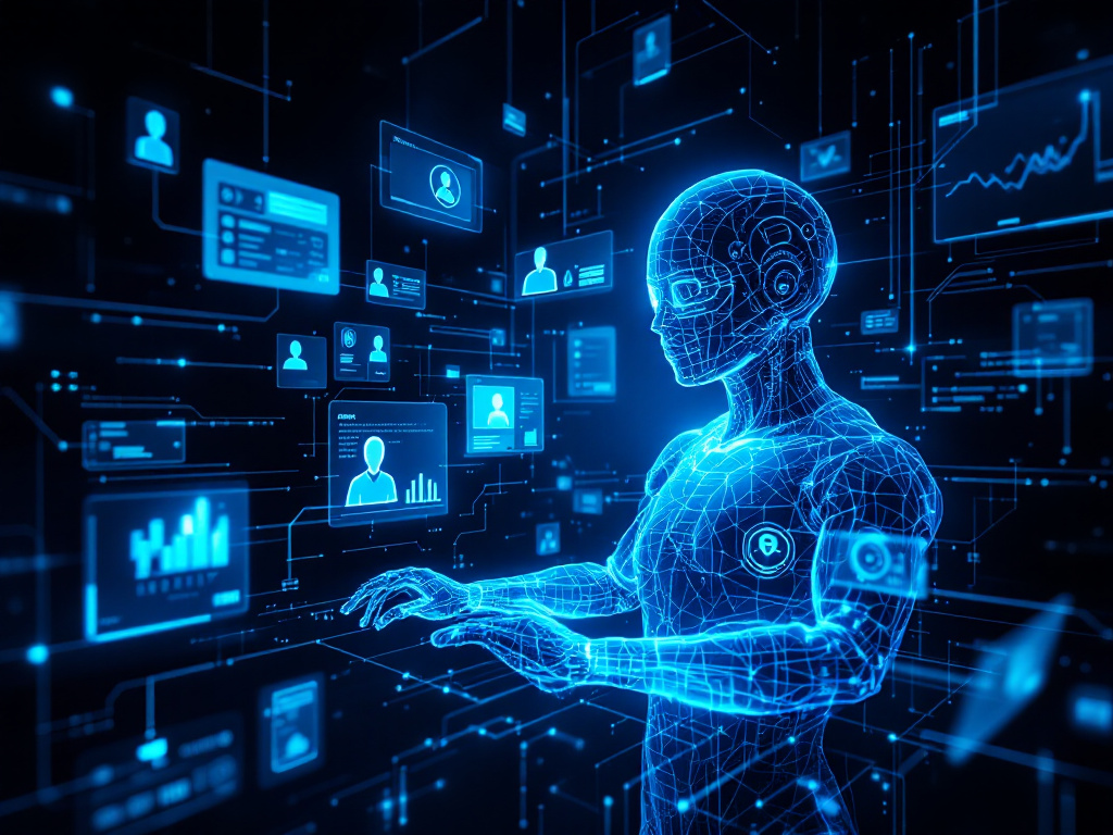 Blue glowing wireframe humanoid robot interacting with floating digital data screens.
