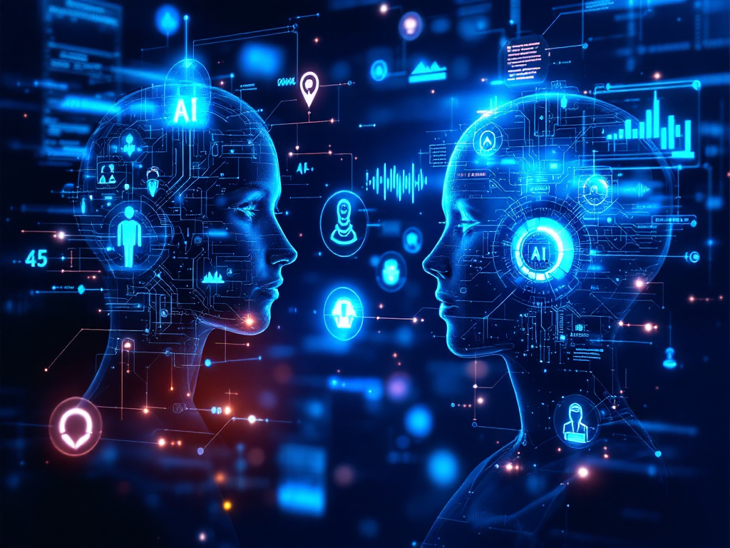 Two digital human profiles facing each other surrounded by glowing AI icons and data graphics.