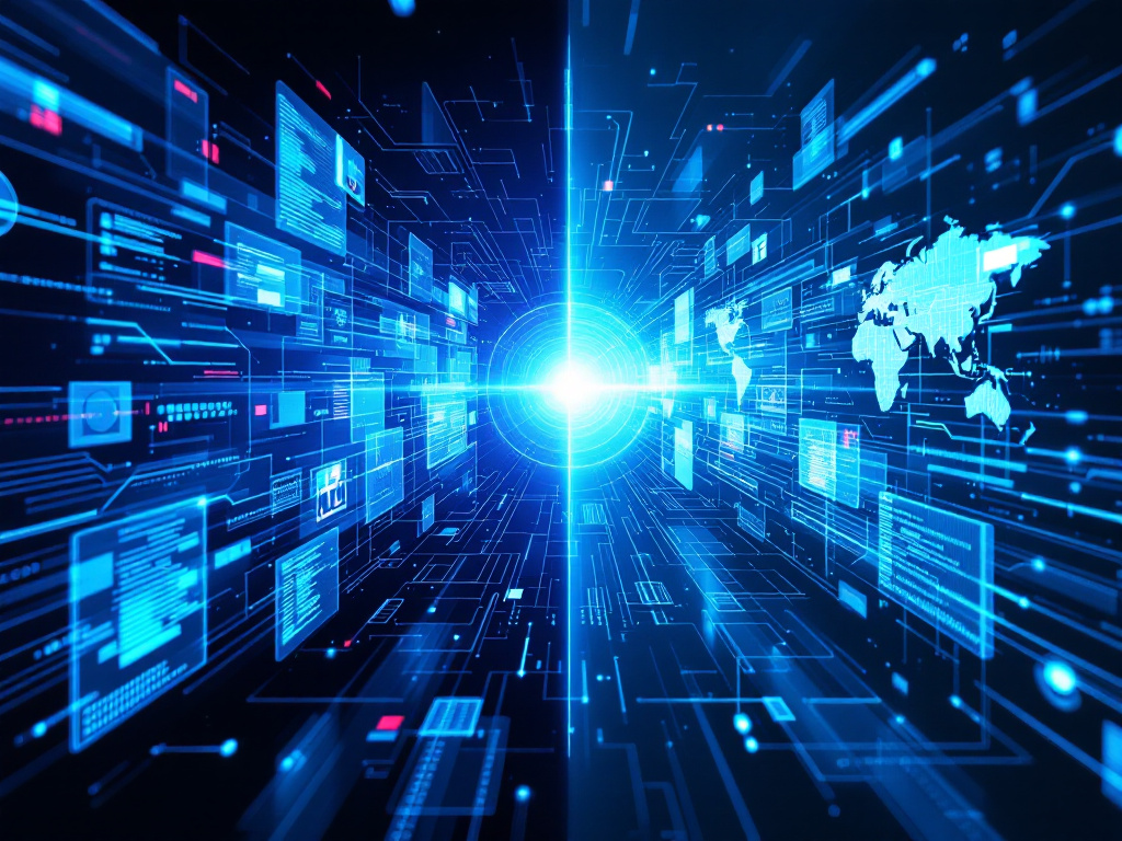 Digital blue technology interface with a bright central light and a world map on the right side.
