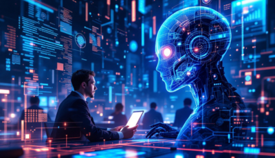 Businessman using a tablet opposes a glowing futuristic humanoid robot with digital data overlay in a high-tech environment.