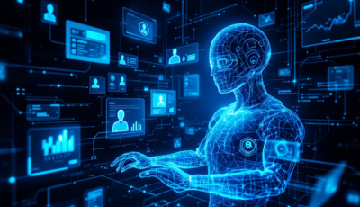 Blue glowing wireframe humanoid robot interacting with floating digital data screens.