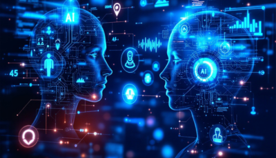 Two digital human profiles facing each other surrounded by glowing AI icons and data graphics.